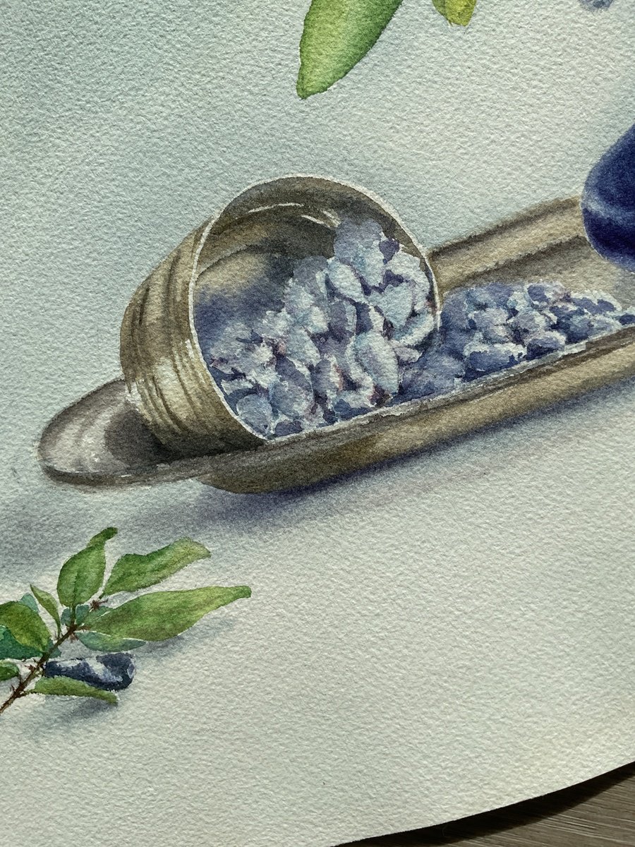Illustrative Still Life Watercolour By Natalia Butenko, 16 X 12", Berries Still Life In Blue Tones, Original Artwork