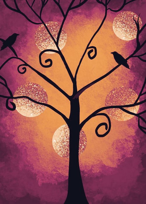 Night birds , cute bird tree artwork by Stuart Wright