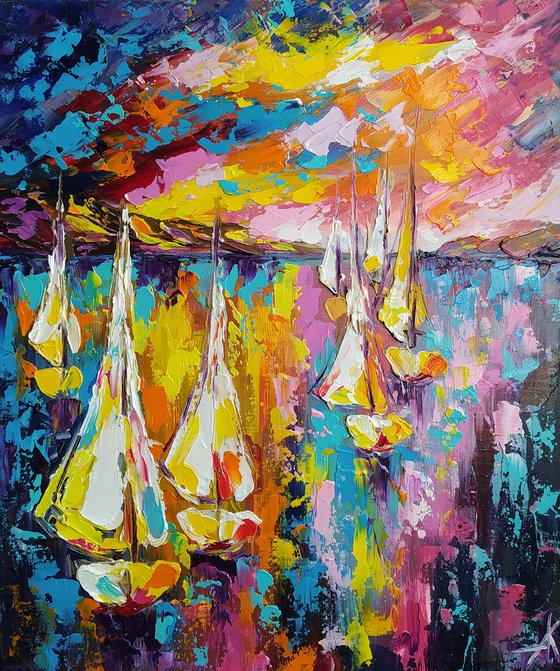 Сolored sea - yacht, oil painting, yacht club, sea with yachts, yacht original painting, seascape, sea with yachts, yacht original painting, gift, impressionism, palette knife