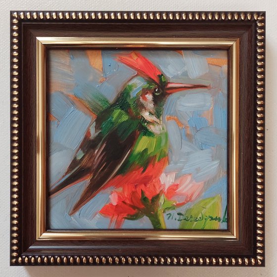 Vanity fair Lady bird painting original oil 4x4, Bird art illustration small artwork framed