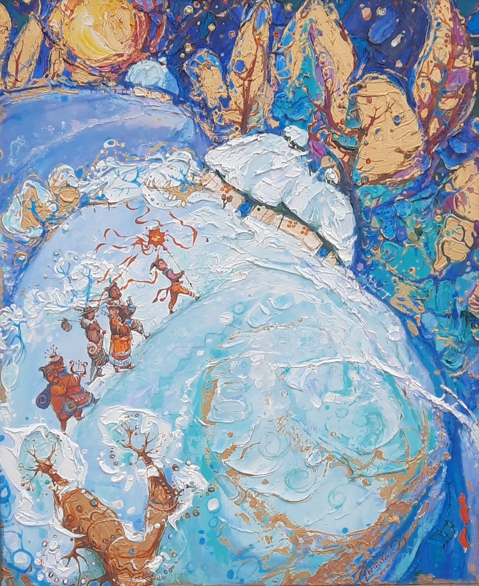 Naive Landscape Oil Painting By Oksana Zbrutska, 20 X 24", "Christmas Night", Original Artwork