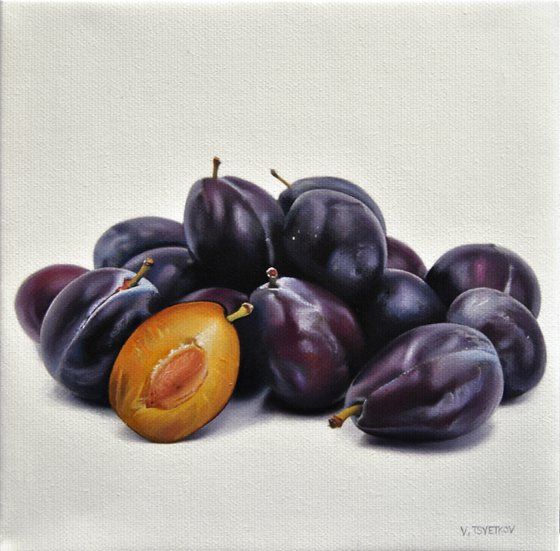 Still life with plums , Original oil on canvas painting