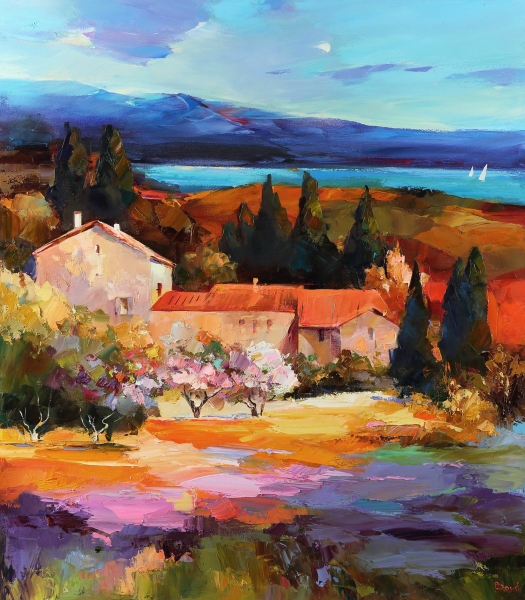 Expressive Landscape Oil Painting By Tetiana Bond, 28 X 31", A Garden On The Lagoon, Original Artwork