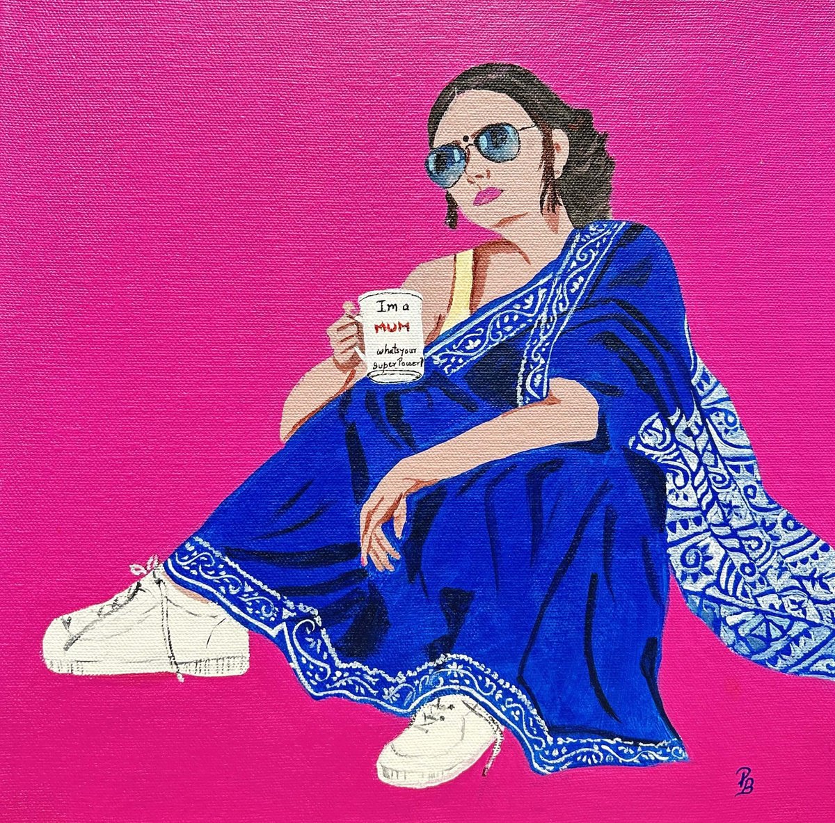 Original POP Art - Super mum Blue Saree Pop Art Indian painting, Modern Asian painting by Parul Baliyan