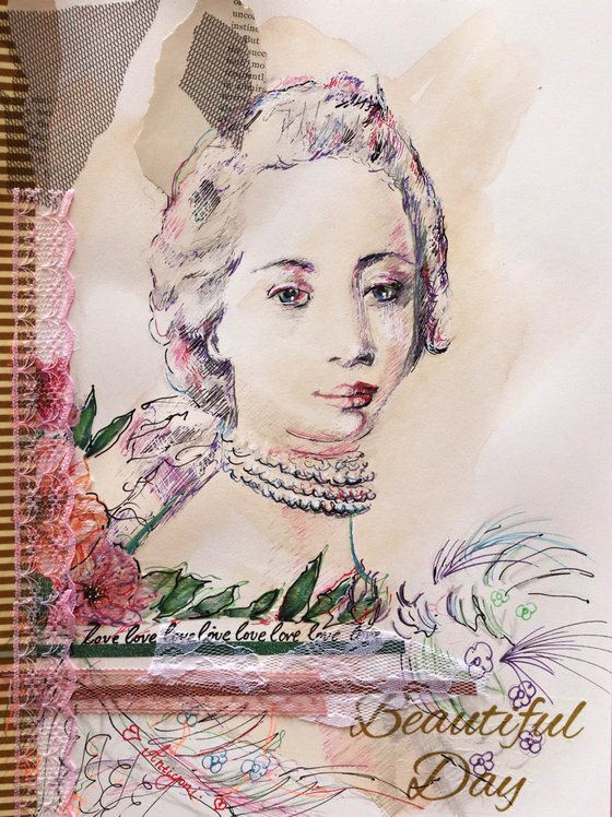 Rococo  Woman - Portrait mixed media drawing on paper