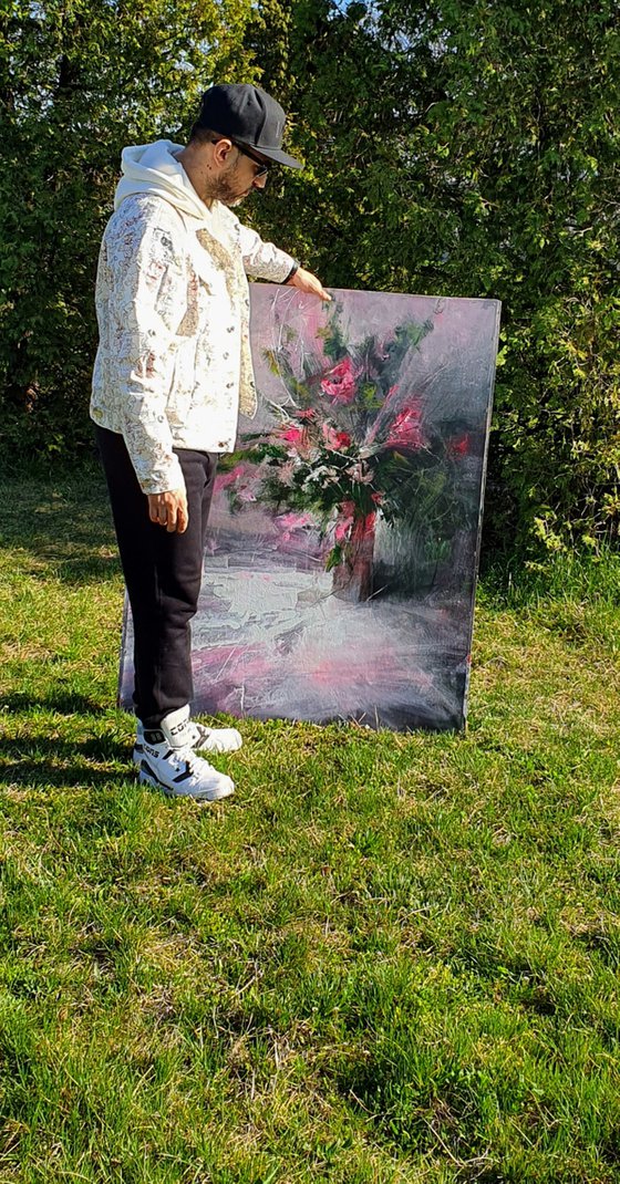 " Vase of pink flowers " W 97 x H 121 cm