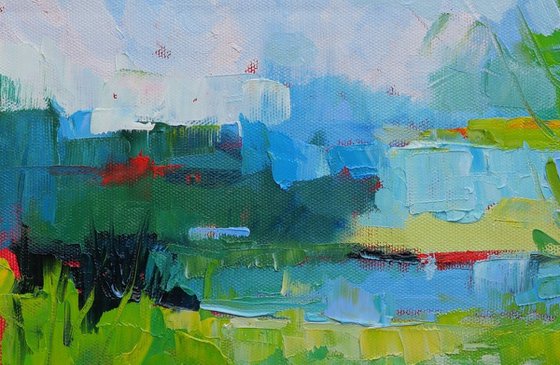 Water meadow - textured semi abstract landscape oil painting