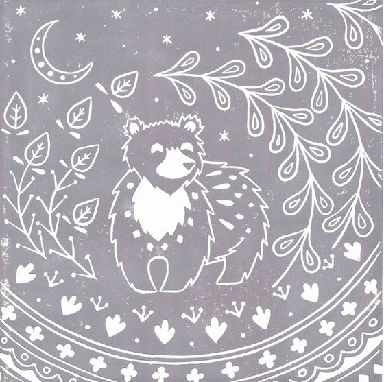Leon Bear in grey, limited edition scandinavian folk art, linocut print