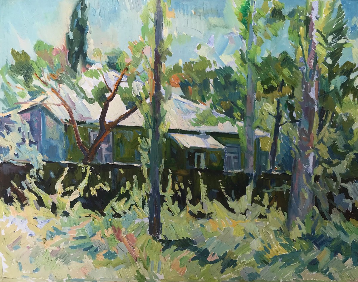 Impressionistic Landscape Oil Painting By Peter Tovpev, 21 X 16", House In The Forest, Original Artwork