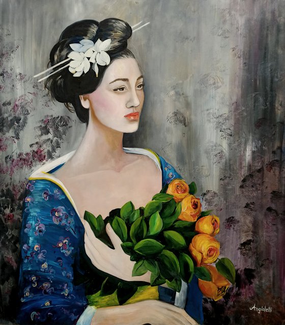 Geisha con rose gialle - woman portrait - oriental woman