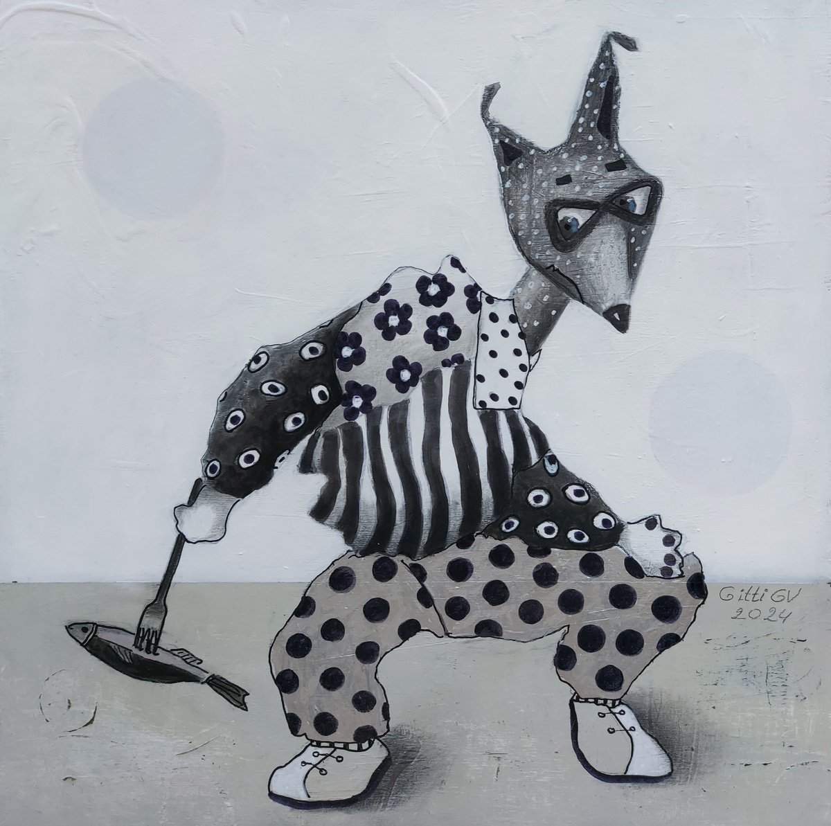 Illustrative Animal Painting By Gitti Gv, 12 X 12, Give Me That Fish, Original Artwork