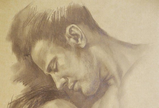 Original drawing pencil male nude gay interest men on brown paper#16-6-4