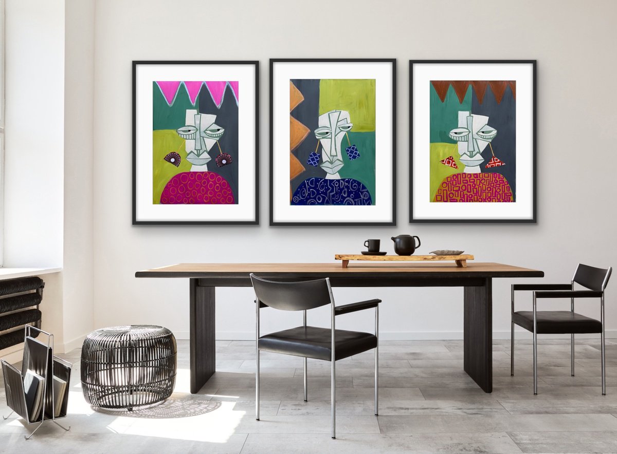 Abstract Portrait Acrylic Painting By Rashna Hackett, 15 X 21", Nobody Is Perfect (Triptych), Original Artwork