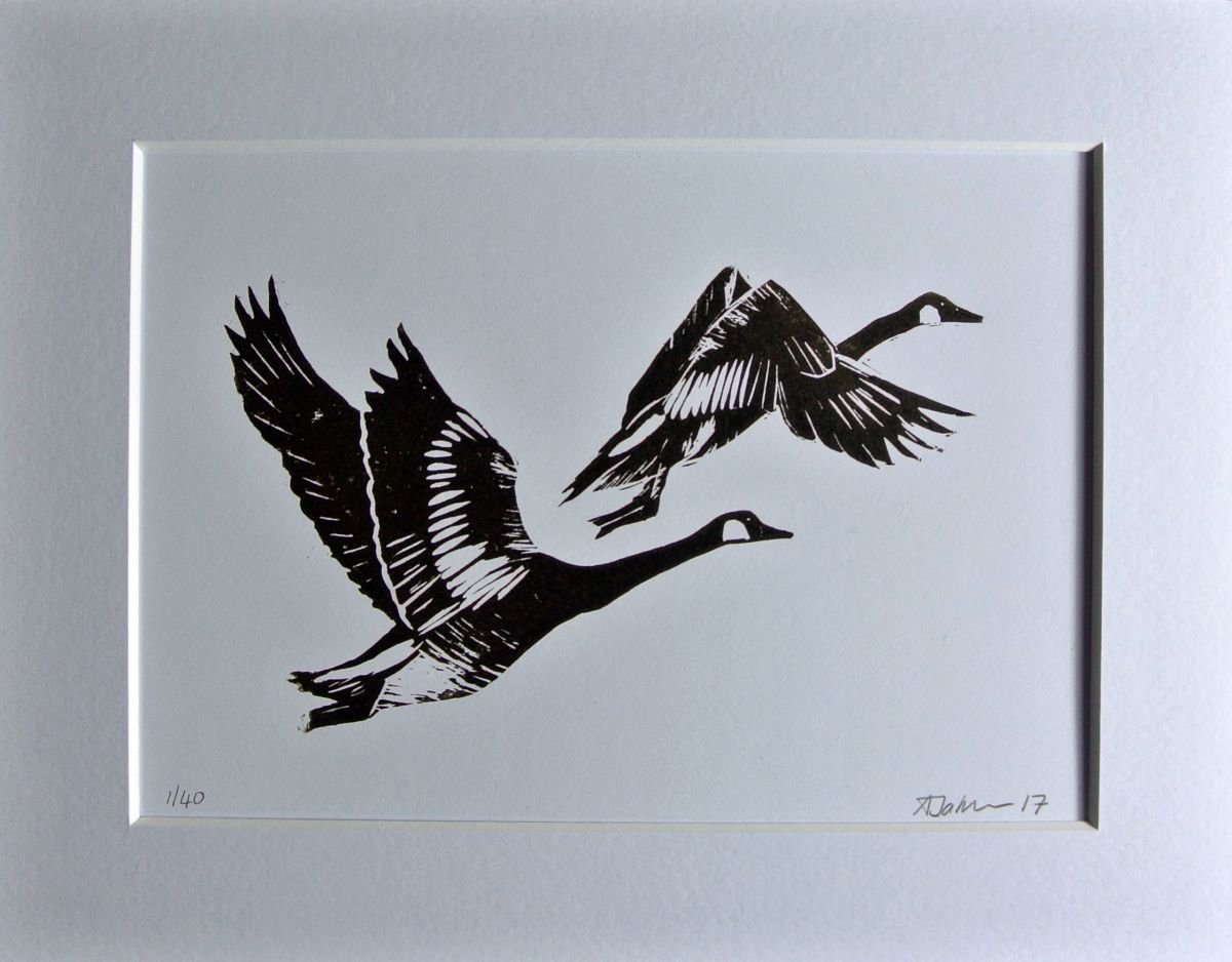 Birds in Flight Linocut, Pritned in Dark Brown, Geese Migrating, Print on Paper, Mounted by Alex Jabore Paintings and Prints
