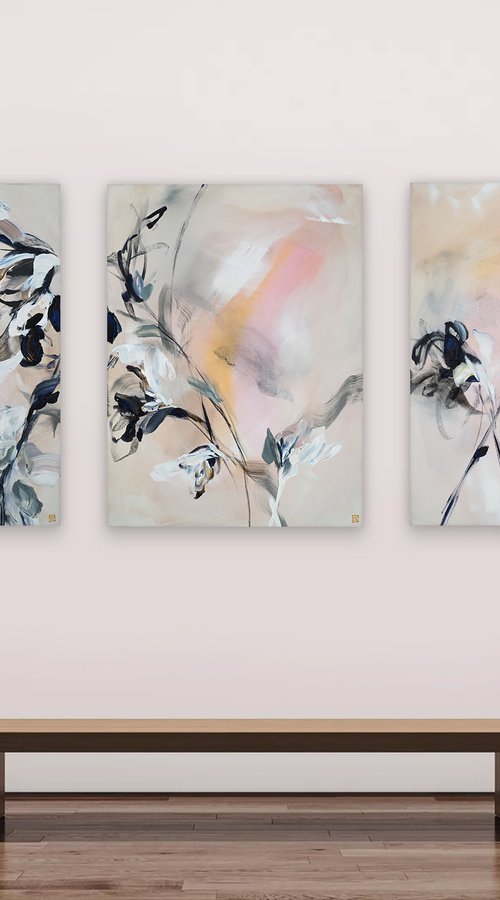 Blush, Ink and Ivory Triptych by Novi Lim