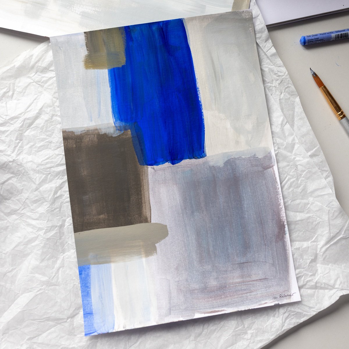 Geometric Abstract Acrylic Painting By Mareike Bohmer, 8 X 11", Abstract Brush Strokes 310X, Original Artwork