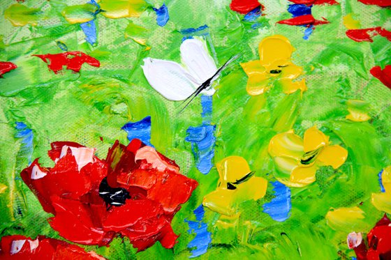 Field with poppies and daisies. Original oil painting on canvas.