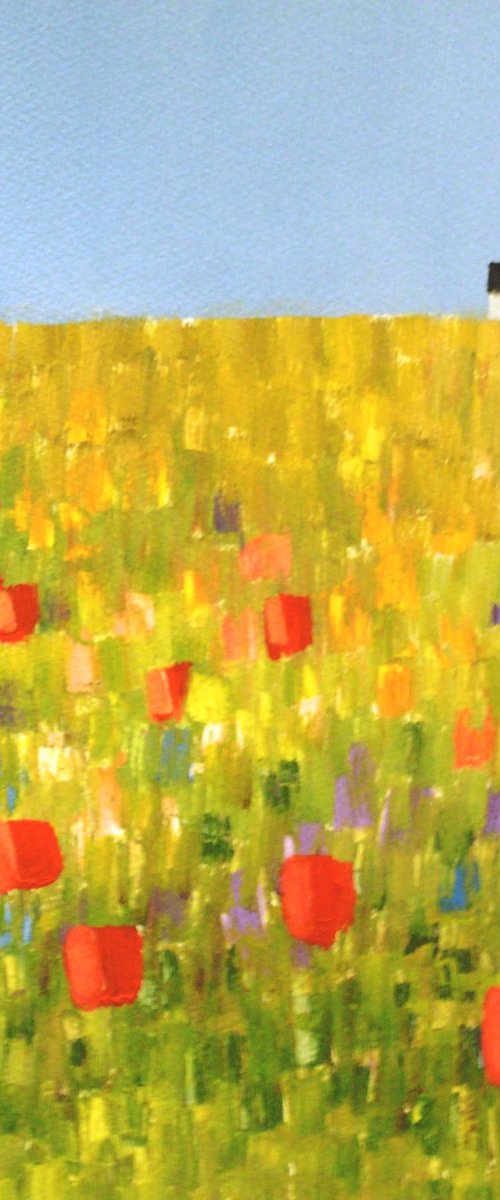 White Cottage in Poppy Field by Jan Rippingham