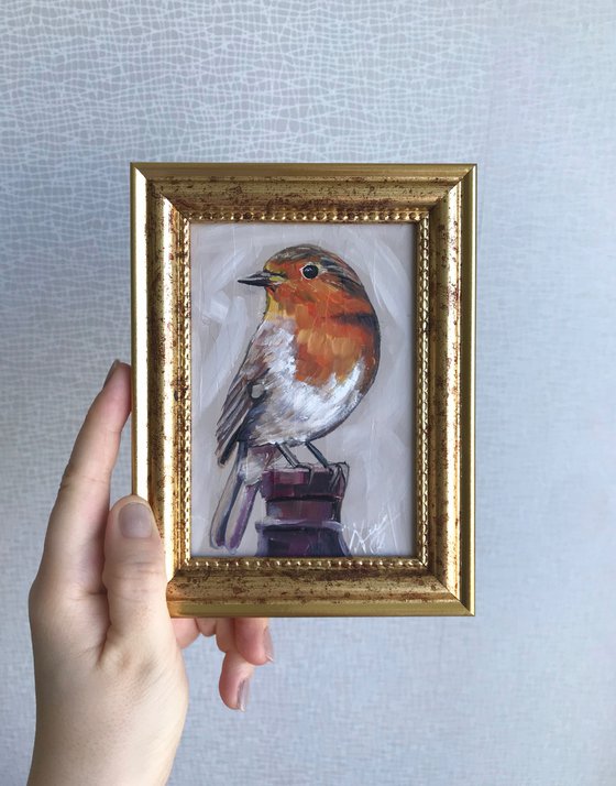 Bird Robin painting mini art framed 8х12cm