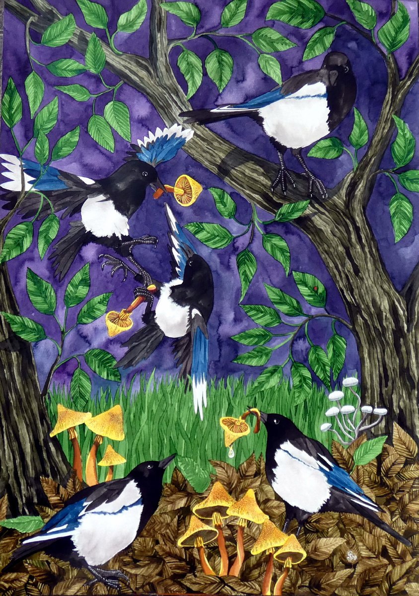 Illustrative Animal Painting By Terri Smith, 23 X 33", Naughty Magpies, Original Artwork