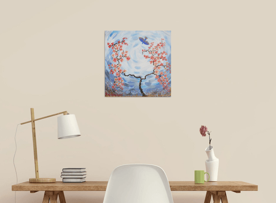 Cherry blossom tree floral painting blue sky B019 decor original art 40x40x2 cm acrylic on stretched canvas wall art