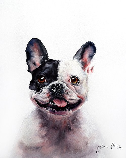 Cute bulldog portrait - Original Watercolor Painting by Yana Shvets