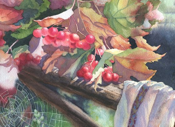 Ukrainian watercolour. Expectation. Red viburnum