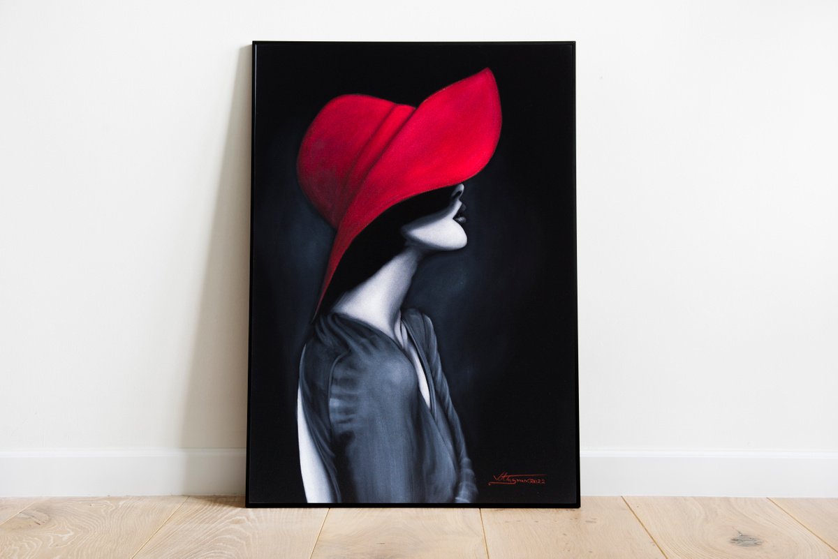 Photorealistic Portrait Oil Painting By Vlad Atasyan, 20 X 28", Lady In Red, Original Artwork