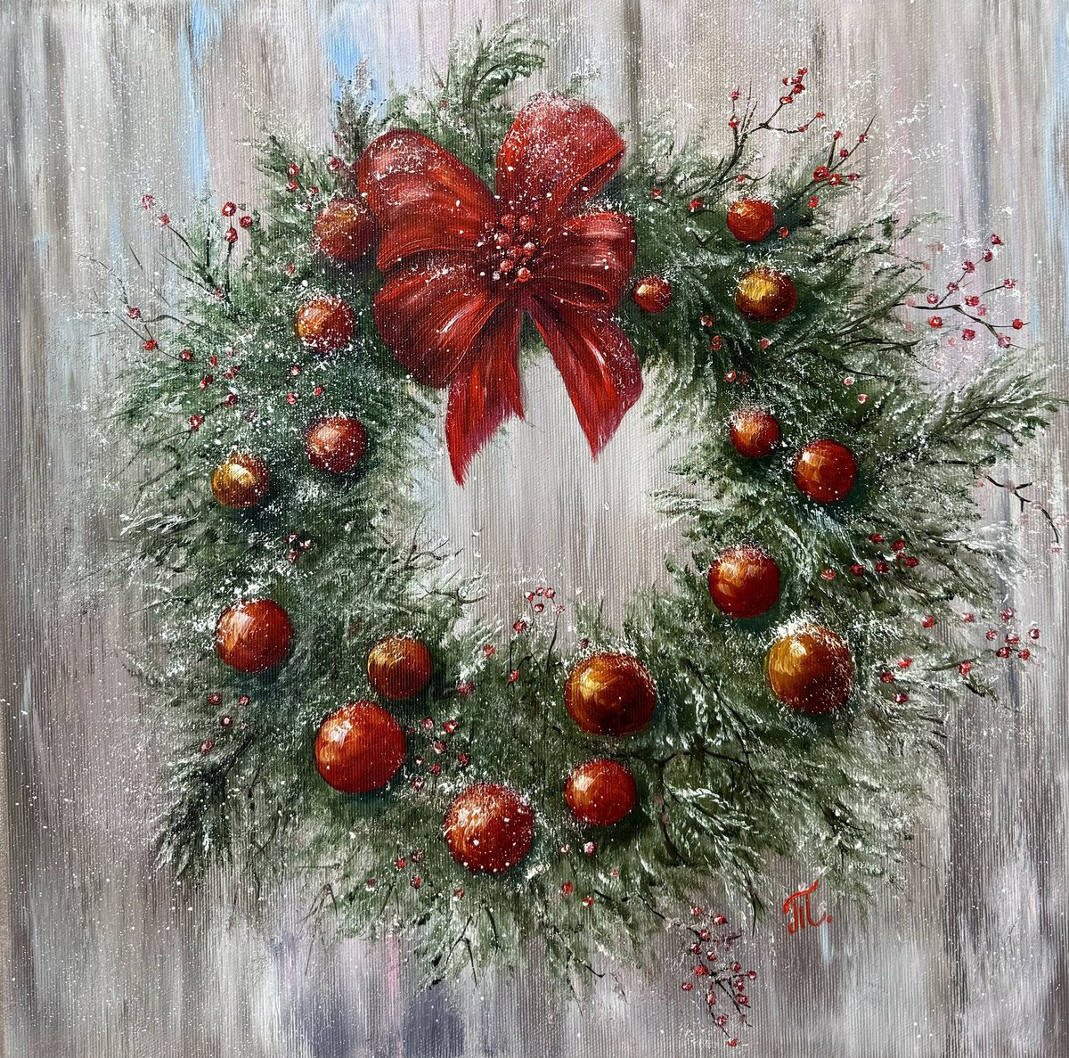 Abstract Still Life Oil Painting By Tanja Frost, 16 X 16", Cristmas Wreath, Original Artwork