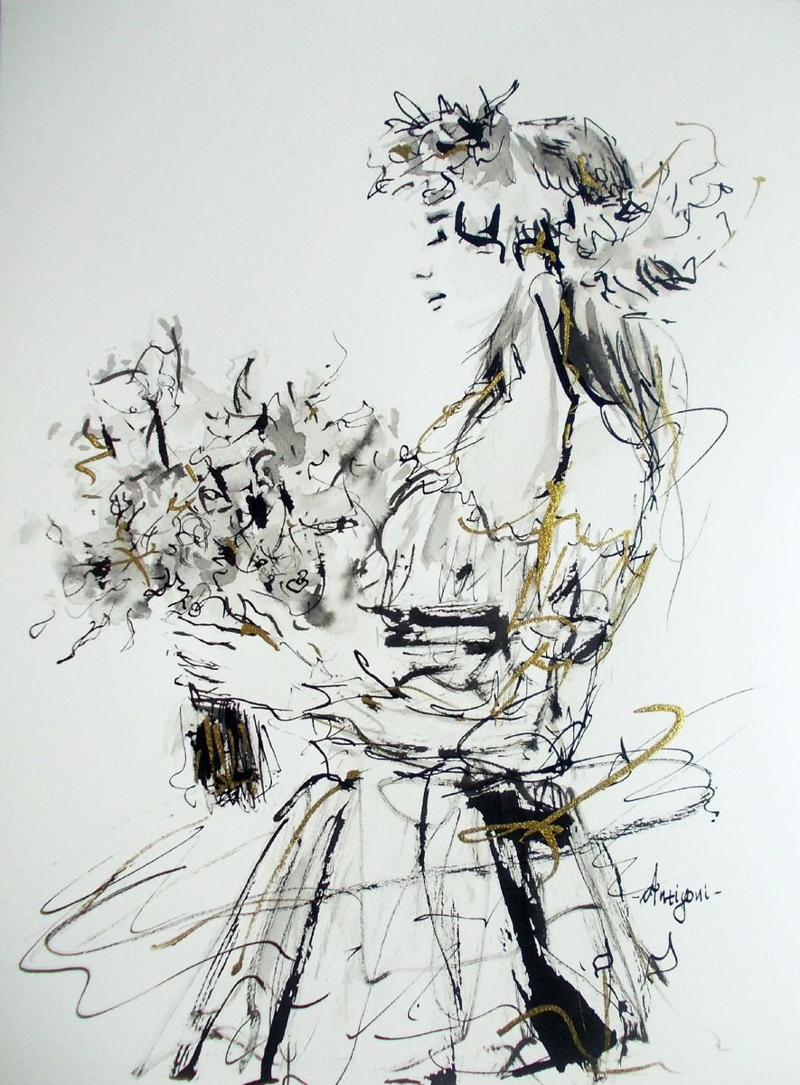Figurative Drawing On Paper-Woman Series Ink Drawings-Study for Spring by Antigoni Tziora
