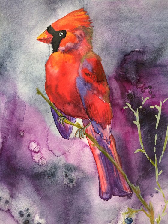 Bird watercolor painting - Red Cardinal wall art - Christmas gift for bird lover