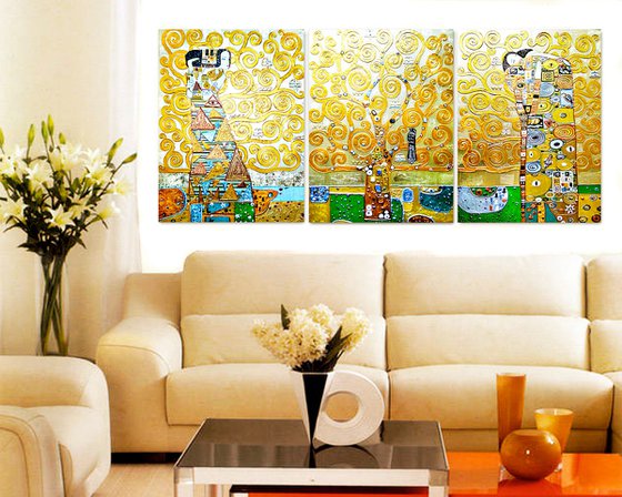 Tree of life Gustav Klimt. Relief golden 3 pieces horizontal large painting