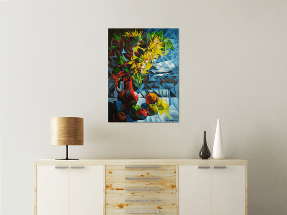 Still life with sunflowers (60x80cm, cubism, oil painting, ready to hang)