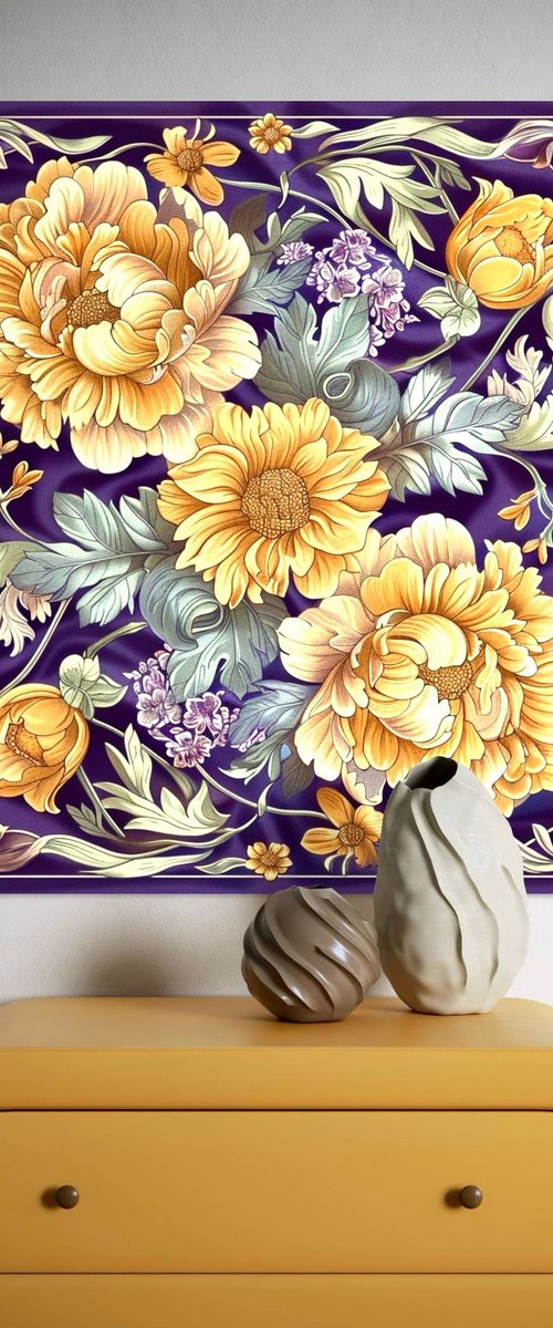 GOLDEN FLOWERS ON PURPLE SILK by Maria Tuzhilkina