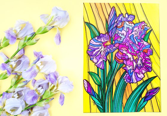 Irises - purple lilac yellow abstract flowers in stained glass cubism style