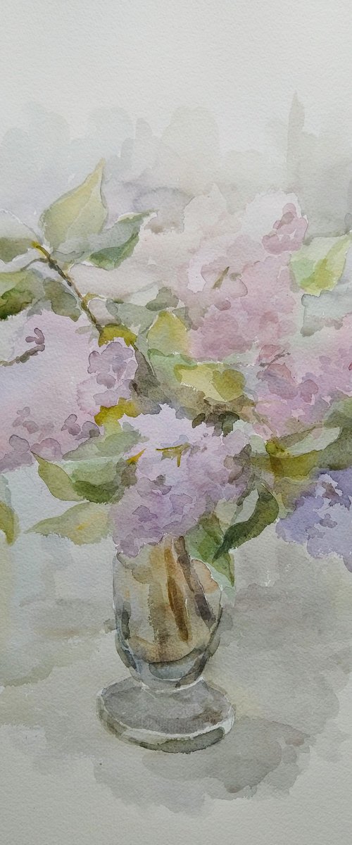 Bouquet of lilac flowers in vase. Original watercolour painting by Elena Klyan