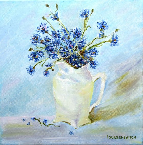 Blue Cornflowers in a Jar | Original Oil on Canvas Painting