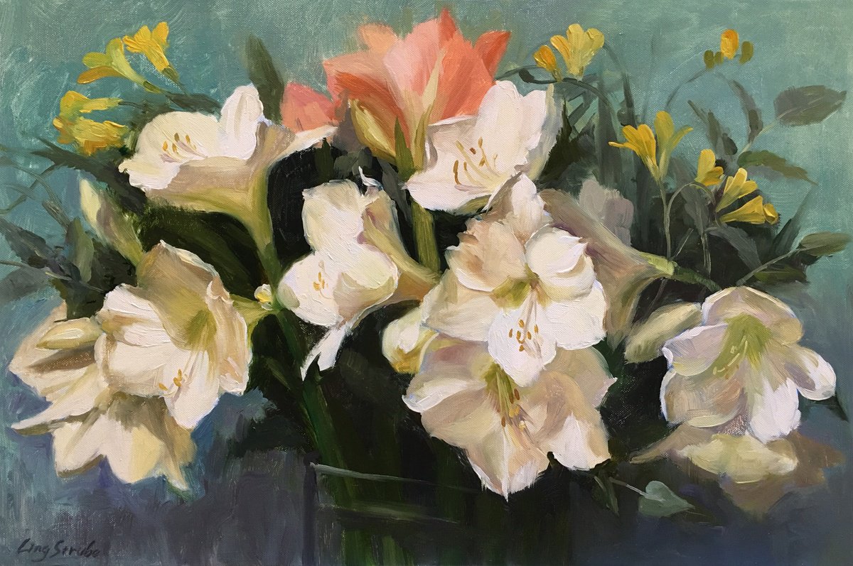 Impressionistic Botanical Oil Painting By Ling Strube, 24 X 16", Whispers Of Winter Bloom, Original Artwork