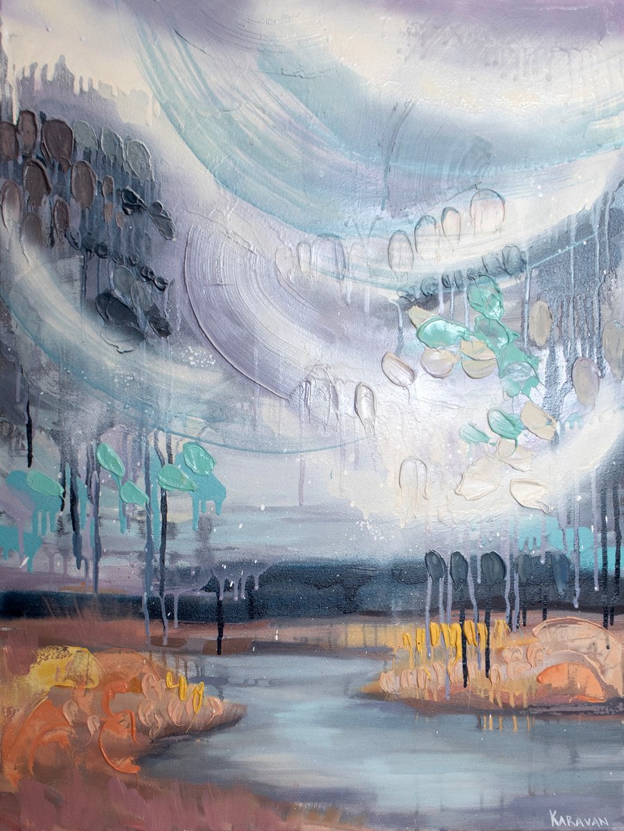 Abstract Landscape Oil Painting By Nataliia Karavan, 24 X 32", A Quiet Moment, Original Artwork