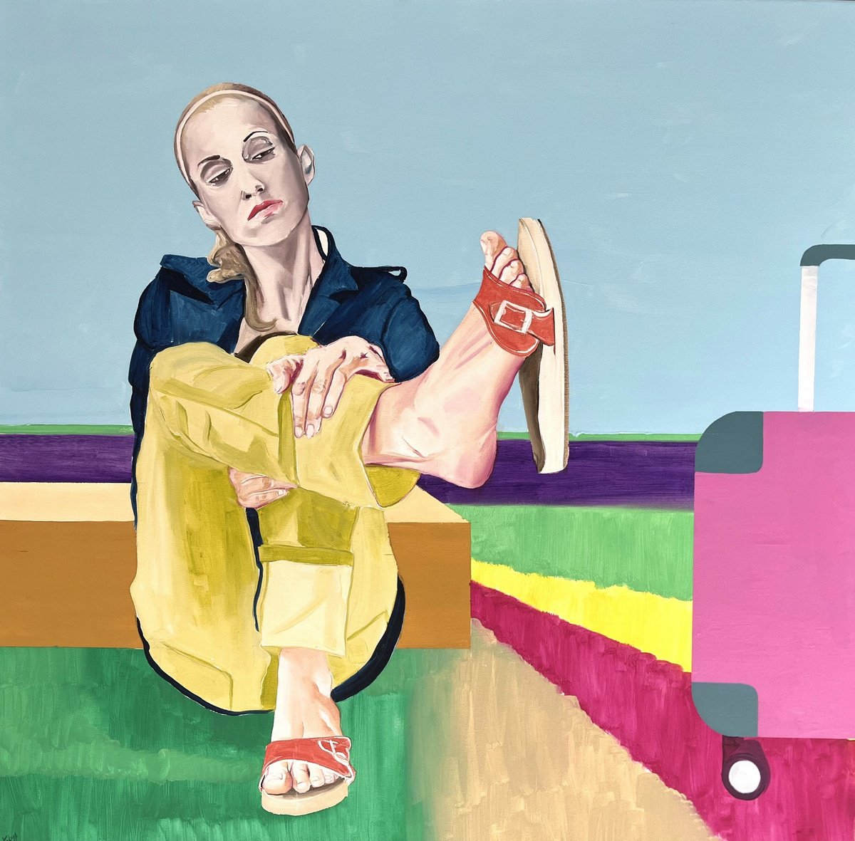 Urban And Pop Portrait Oil Painting By Kujbus Janos, 39 X 39", Pausing, Original Artwork