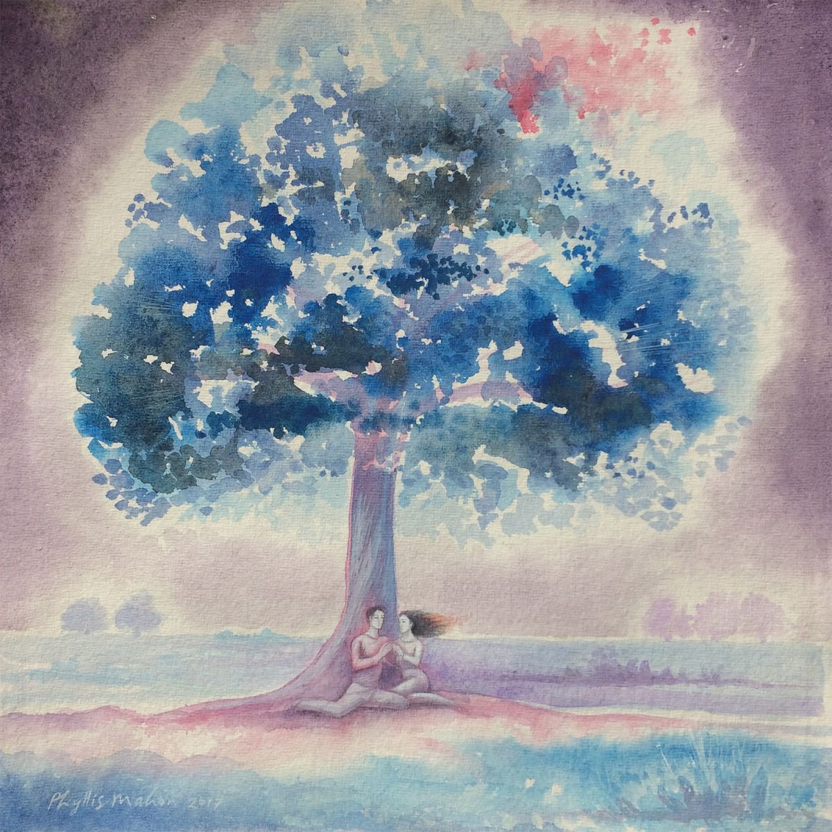 Lovers and tree on a summer evening by Phyllis Mahon