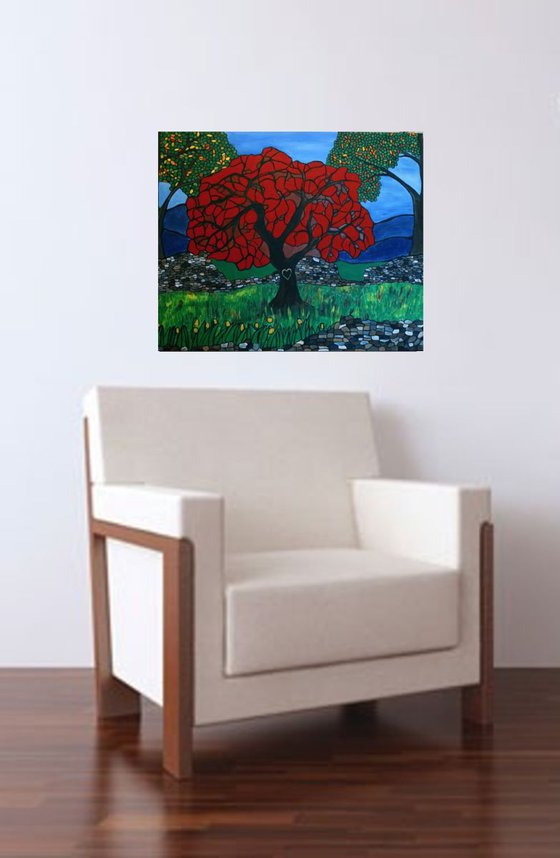 Our Initials on the red tree 16x20 romantic landscape canvas painting