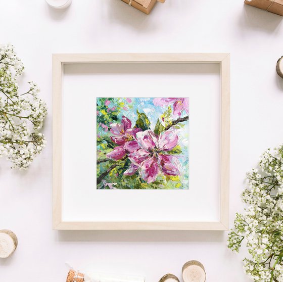 Sakura blossom, pink cherry flowers, small floral painting