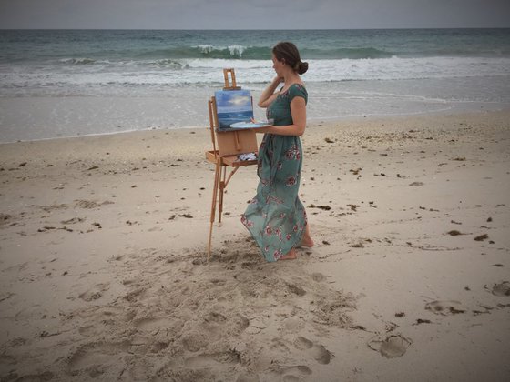 Moonrise on Vero Beach, plein air seascape oil painting on canvas by Eva Volf