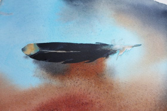 Set of 2 paintings, Flying feathers in watercolor, Blue and brown art