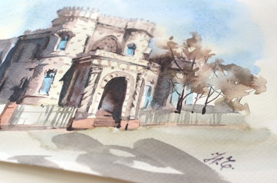 Morozov's mansion in Moscow, architectural sketch in watercolor
