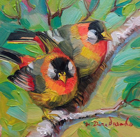 Orange birds couple on brunch art painting, Mini picture frame bird painting original 4x4