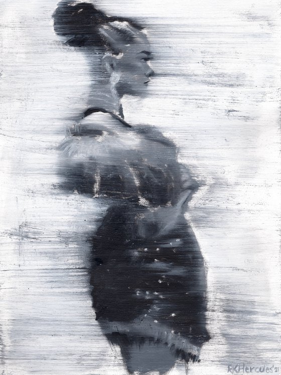 Yling | Black and white oil painting on paper | fashion muse model woman lady