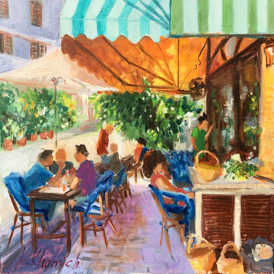 South Tel Aviv Cafe, Israeli Art, original oil painting