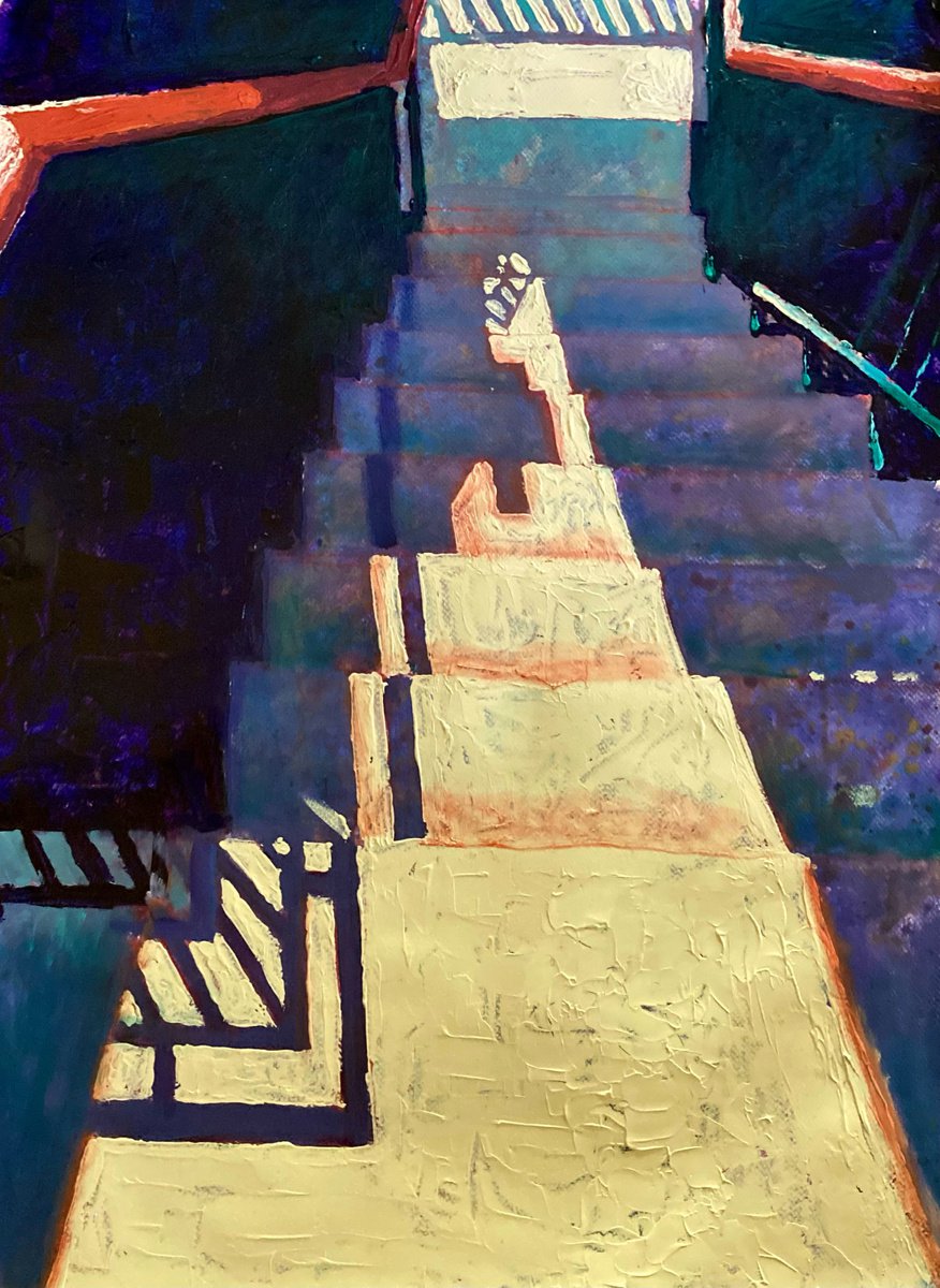 Impressionistic Cityscapes Acrylic Painting By John Cottee, 22 X 30, Stairs And Shadows, Original Artwork